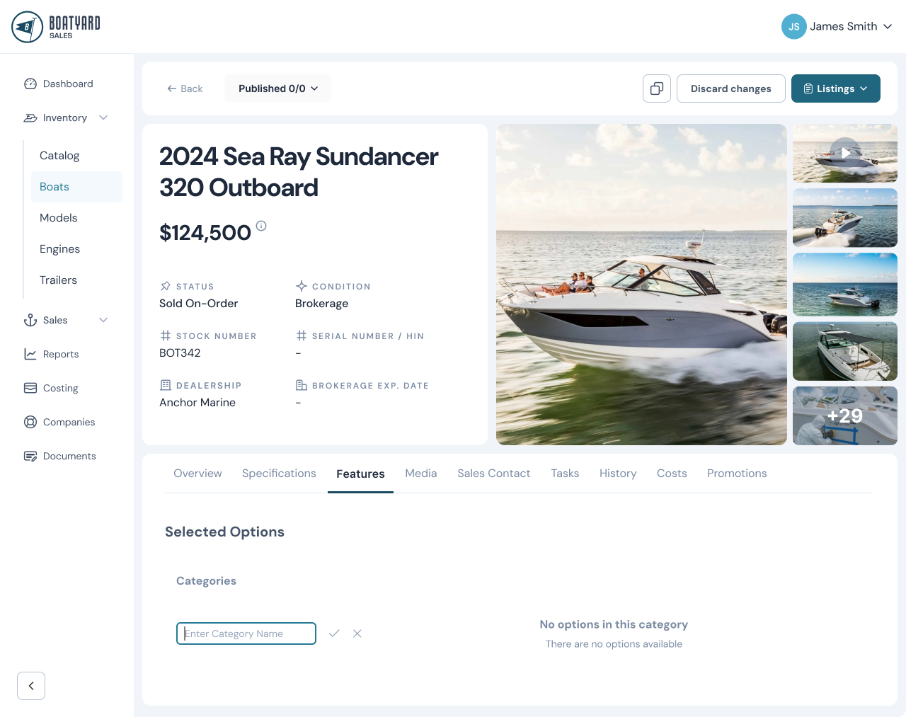 Boatyard Sales platform — listing options view showing a 2024 Sea Ray Sundancer 320 Outboard inventory record