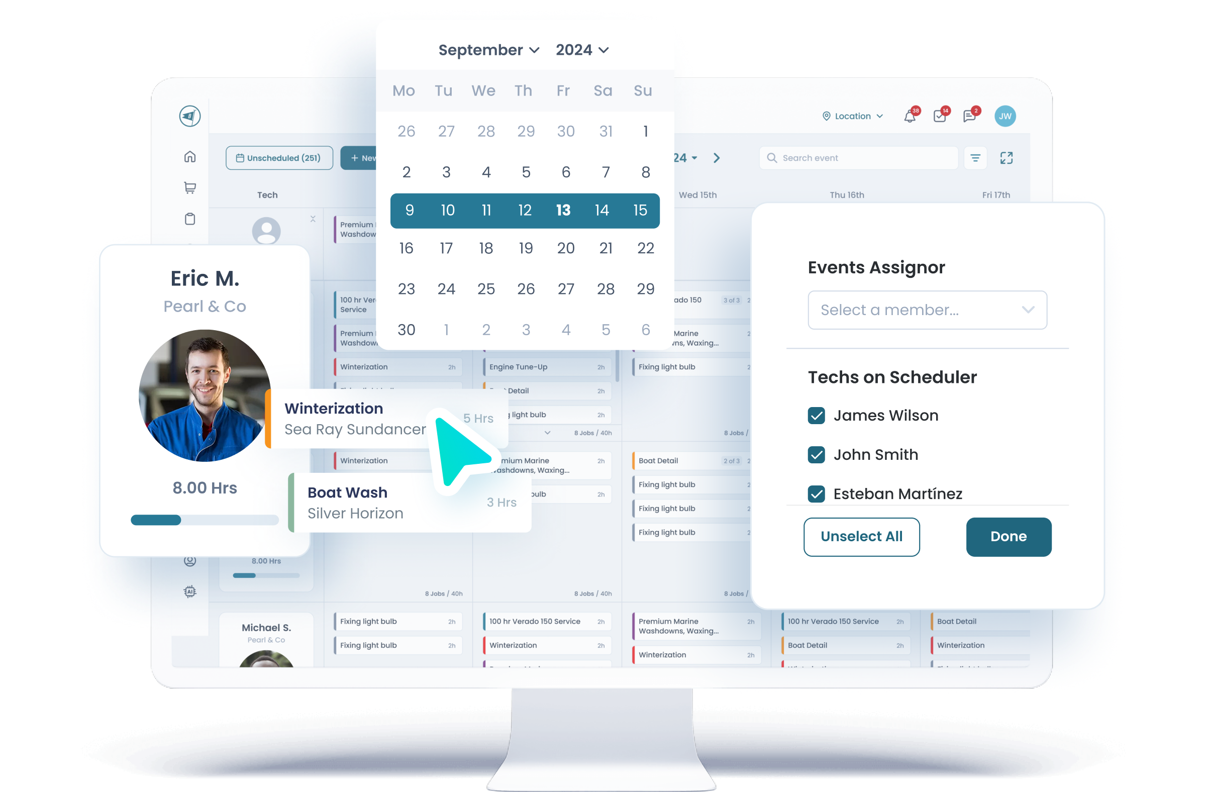 Boatyard scheduling, calendar, and tech assignment interface