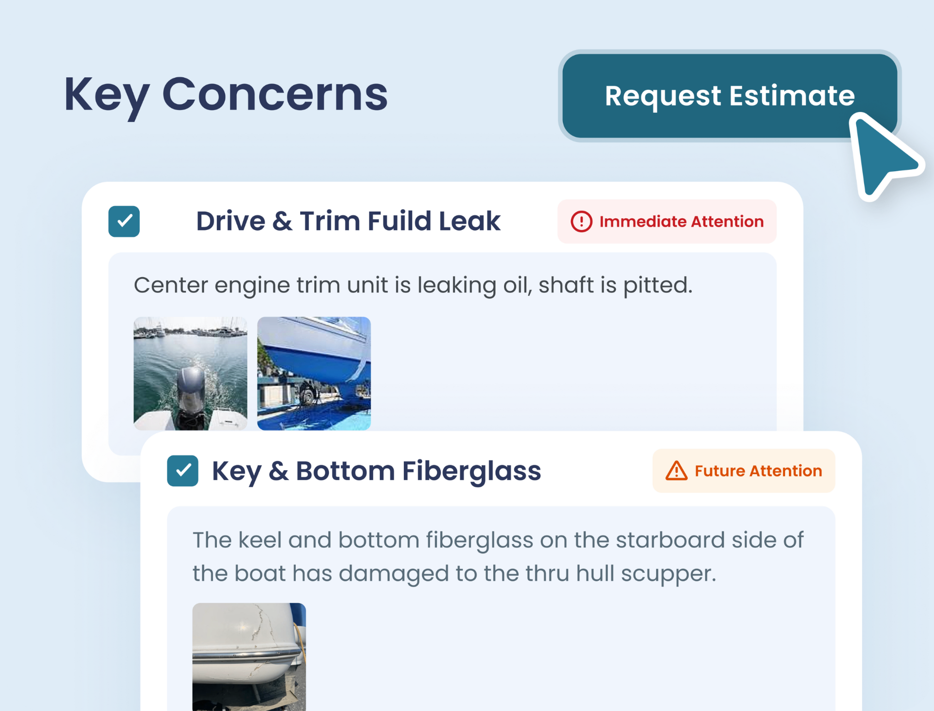 Inspection reports with key concerns and request estimate feature