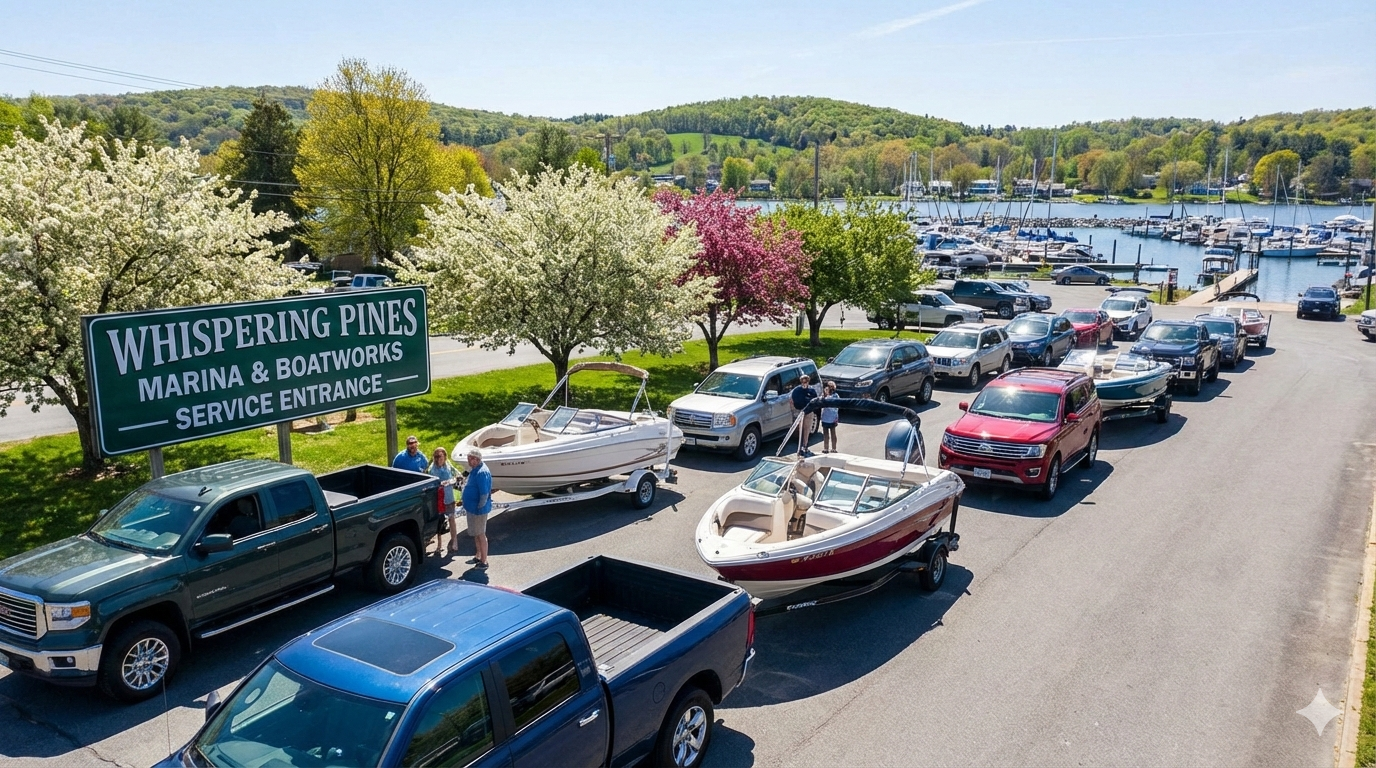 Boats lined up at marina service entrance during busy spring launch season