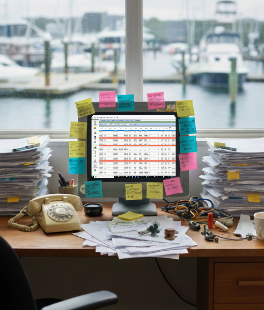 Chaotic desk with cluttered papers and sticky notes representing disorganization without Boatyard
